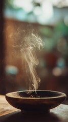 Vibrant photo of incense smoke rising from a bowl, creating a calming and spiritual atmosphere