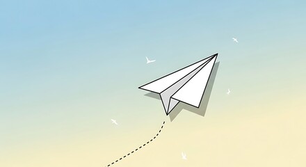 A white paper airplane soaring through a serene blue and yellow sky with birds flying alongside