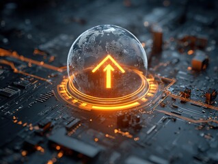 Vibrant photo of glowing arrow pointing up inside a glass sphere on a computer circuit board