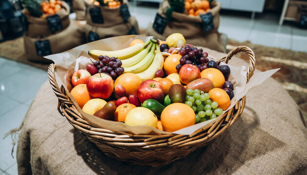 Apple orange banana grape pear plum fruit basket assorted farm market eco friendly packaging fresh healthy organic natural produce food nutrition snack sweet colorful ripe harvest rustic wicker