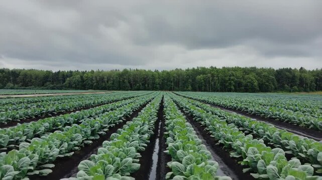 Green fields of cabbage growing in a serene countryside landscape. 4K Video