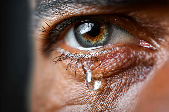Tear falling from an eye conveying deep emotion and vulnerability in natural light Generative AI