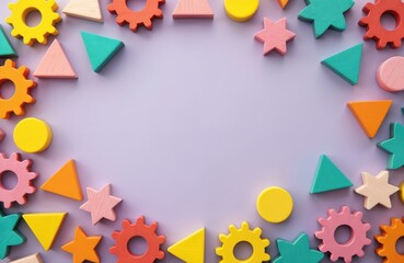 Colorful wooden geometric shapes and gears arranged on purple background. Includes triangles circles squares stars. Early childhood education toys for kids learning and development.