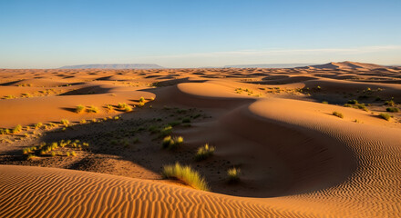 Desert landscape with sand dunes under a clear blue sky scenic view.