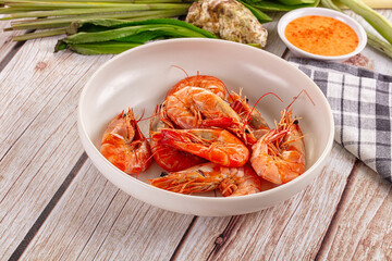 Delicous boiled tiger prawn with sauce