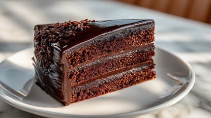 Multilayer chocolate cake slice with glossy ganache