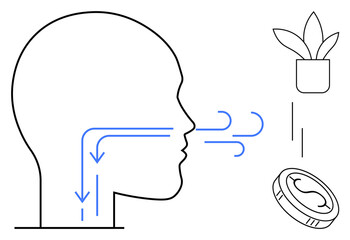 Outline of person inhaling fresh air with blue arrows, potted plant, coin, and lines. Ideal for wellness, health, environment, respiration, mindfulness clean air simple flat metaphor