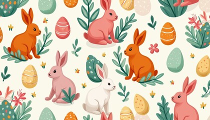 Colorful Easter bunnies and eggs pattern. Cartoon rabbits in various colors surrounded by flowers and leaves on cream background. Seamless visual illustration for spring holiday design and wallpaper.