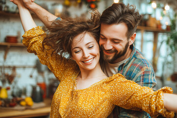 Dancing carefree in the kitchen while enjoying a joyful moment together Generative AI