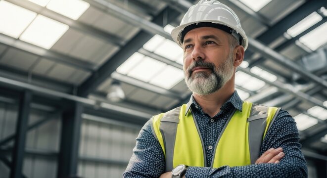 Experienced man with beard wearing hard hat and safety vest standing with arms crossed.