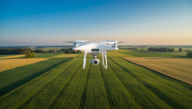 Drone farmland NDVI plant health data digital mapping overlay agriculture—A white quadcopter drone hovers above green farmland capturing NDVI plant health data with digital mapping overlay clear - Powered by Adobe