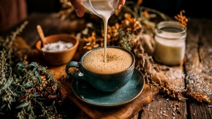 Rustic coffee moment: silky milk meets dark espresso beside herbs and sugar on wooden table, cinematic light and cozy styling perfect for cafés, artisan roasting and comforting lifestyle branding - Powered by Adobe