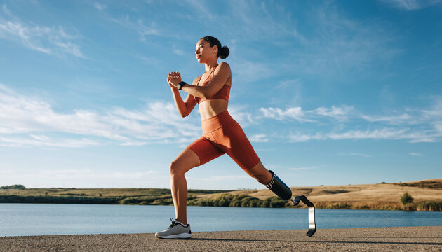 Athletic woman with running prosthetic leg doing warm up exercise beside water, wearing sportswear, stretching outdoors, determined and focused, blue sky background