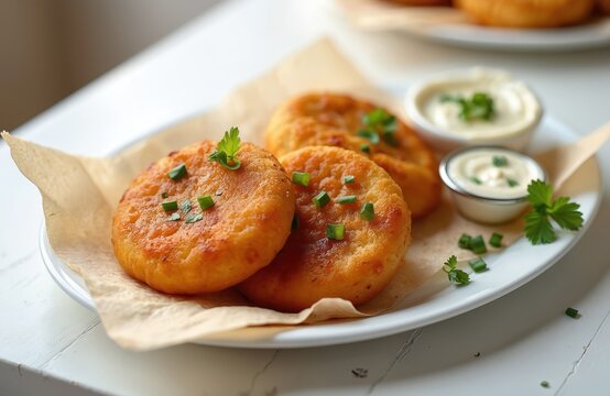 Golden brown fried patties served on white plate with dips. Garnished with fresh green herbs and chopped chives. Delicious savory appetizer or snack.