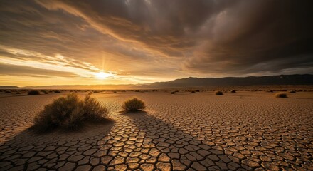 Dry cracked desert earth under a dramatic sunset sky with distant mountains and sparse bushes.
