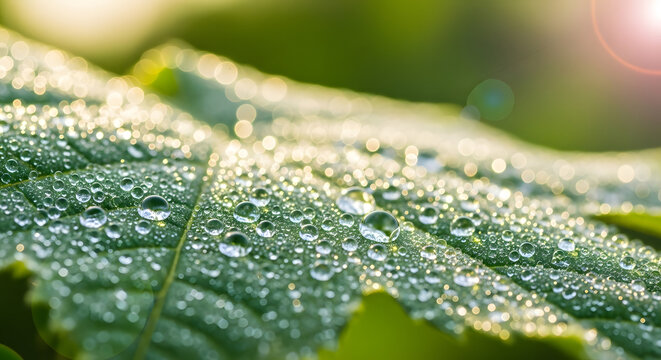 Dew Drops Adorning a Vibrant Green Leaf in Morning Light.