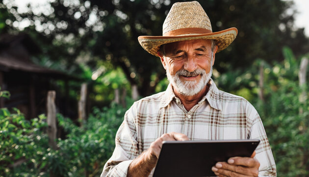 Senior man in plaid shirt and straw hat smiling while using digital tablet for farm management in lush green garden, technology and agriculture concept