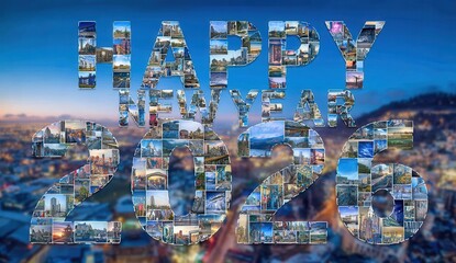 Vibrant photo of happy new year 2026 collage with cityscapes and travel destinations