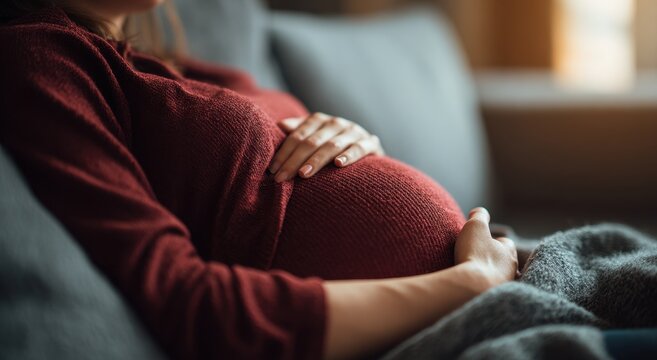 Vibrant photo of pregnant woman sitting on sofa holding her belly with both hands