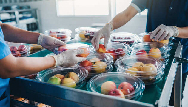 Workers hands wearing gloves arranging fresh fruit into clear clamshell packaging on conveyor in clean food processing facility, ensuring hygienic and safe food handling practices