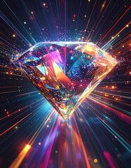 A large diamond, radiating light, with streaks of vibrant color emanating from its crystalline facets. The background is a dark void