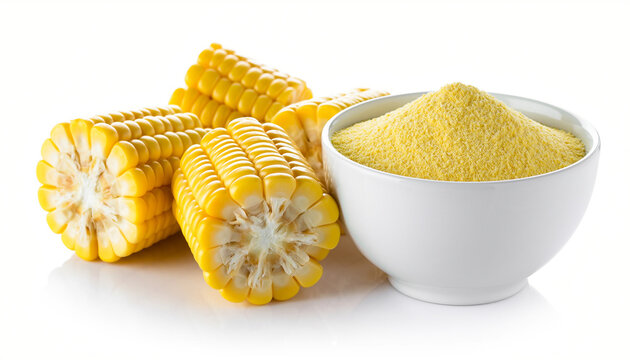 Fresh corn cornmeal white bowl yellow food ingredient isolated healthy organic natural closeup vibrant Fresh corn and cornmeal white bowl isolated white background showcasing vibrant yellow color