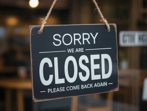 Sorry we are closed sign swinging gently on a shop door, inviting customers to return, perfect for conveying temporary closure or business hours updates