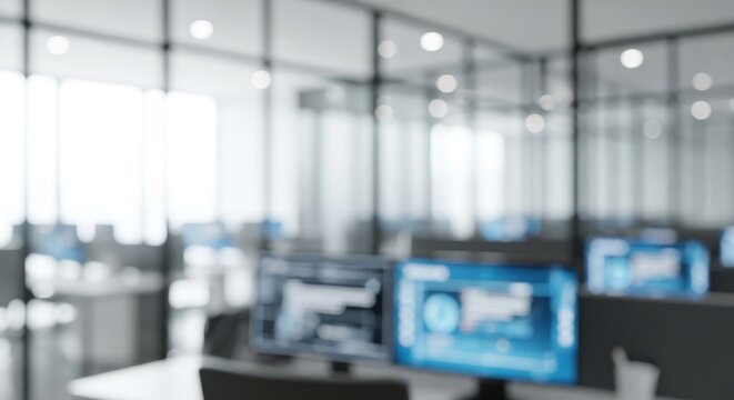 Blurred Modern Office Interior with Computer Screens and Glass Walls.