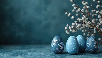 Blue Easter eggs with white patterns sit near small white blossoms on a dark background. Traditional spring holiday decor, natural elegance, and festive celebration.