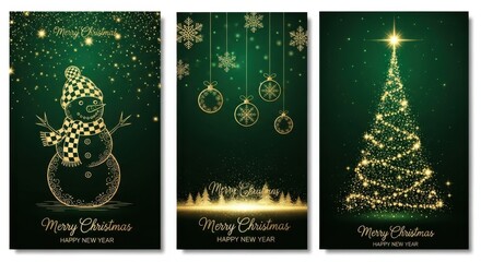 Festive Christmas cards featuring a snowman, ornaments, and a sparkling tree.