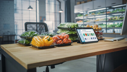 Freshly packed vegetables including bell pepper, tomato, and cucumber are arranged on wooden desk beside tablet displaying online selling platform in modern office with natural light