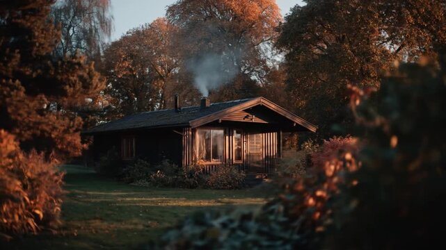 Cozy cabin nestled among autumn trees with soft sunlight and smoke