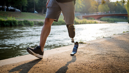 Person with prosthetic limb walking along riverbank in peaceful outdoor setting, wearing athletic clothing, enjoying nature and calm atmosphere, sunlight filtering through trees