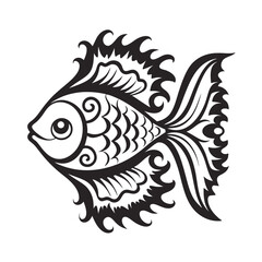 Stylized single fish swims gracefully with ornate markings in a detailed black rendering