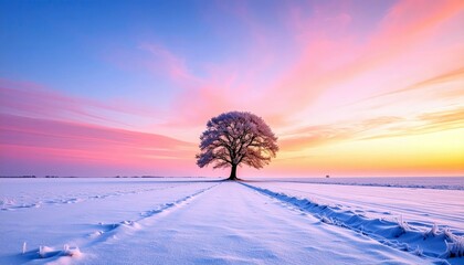 A solitary tree covered in frost stands in a vast snow-covered field under a colorful sunrise sky.