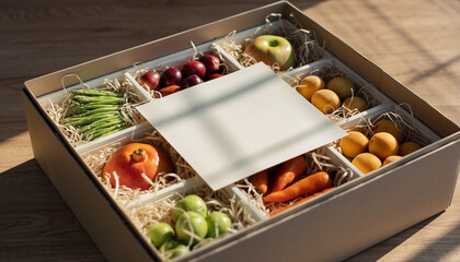 Premium fruit gift box with straw padding neatly arranged seasonal produce including apple plum apricot green bean carrot pomegranate and blank card for message