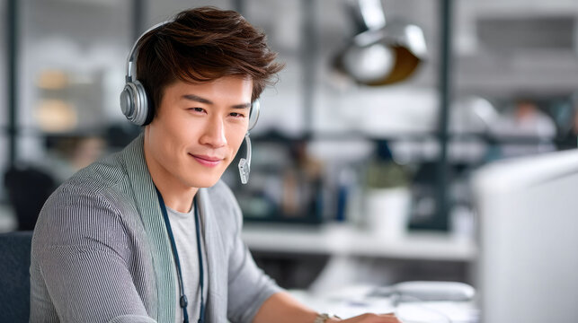 Young Asian man with headset working at computer in modern office, smiling and focused on customer service task