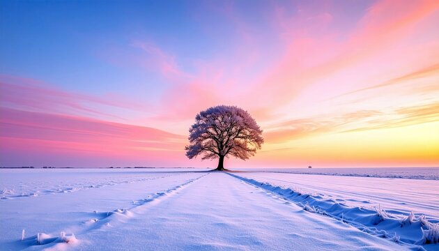 A solitary tree covered in frost stands in a vast snow-covered field under a colorful sunrise sky. - Powered by Adobe