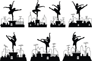 Ballet dancer silhouette illustration, elegant rooftop performance with city skyline background, urban art concept, flat vector