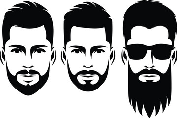 Three bearded caucasian male faces showcase differing hairstyles and facial hair styles in monochrome