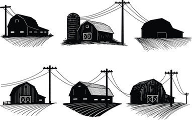 Barn with silo, rural farm building, utility pole connection, agricultural infrastructure illustration, countryside design, flat vector