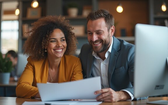 Business, people and celebrate for teamwork success, support and collaboration with computer in office. Celebration, man and women happy together with pride or congratulations for work feedback