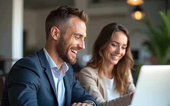 Business, people and celebrate for teamwork success, support and collaboration with computer in office. Celebration, man and women happy together with pride or congratulations for work feedback