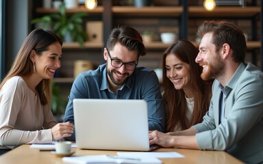 Happy people, laptop and meeting, marketing team and workflow at digital agency, creative group and research. Man, women and diversity, business and work together, senior leader and brand strategy