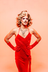 Vibrant Performance by a Drag Artist in a Striking Red Dress