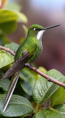 Fototapeta premium Green hummingbird perched on branch long tail white throat vibrant feathers tropical foliage nature wildlife peaceful scene