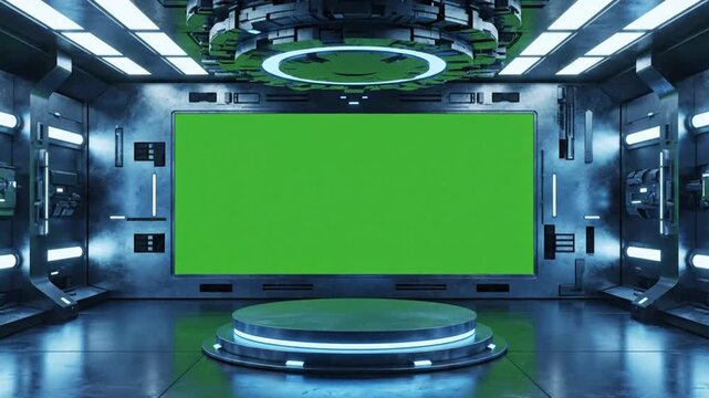 Futuristic high tech sci fi room with large greenscreen display and illuminated platform creating immersive advanced digital environment