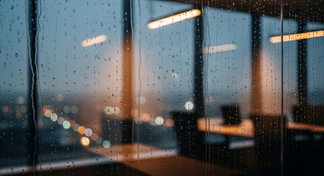 Rainy day view from a modern office window overlooking a city skyline at dusk.