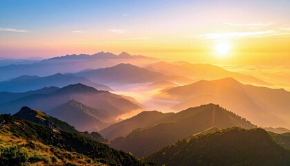 A breathtaking panoramic view of layered mountain peaks at sunrise, with the sun casting a warm golden glow over the landscape and mist filling the valleys.