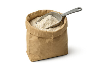 Flour in a brown paper bag with a metal scoop, essential ingredient for home baking and food preparation, transparent background